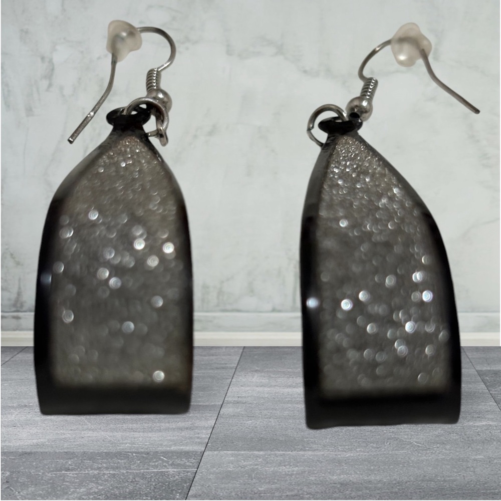 Scoop Earrings 2.75" with Silver Glitter Women's Black - Picture 12 of 12